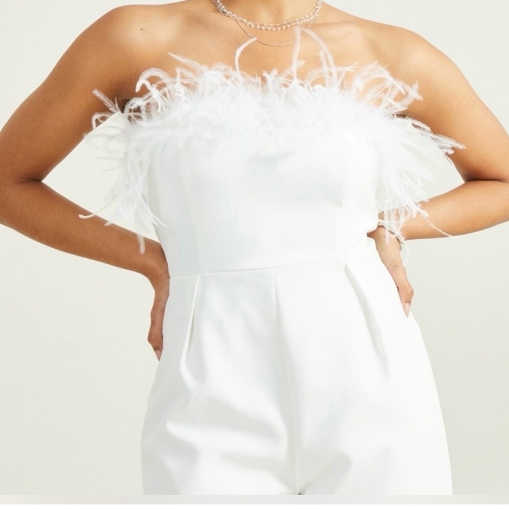 Altar'd State White Strapless Feather-Trim Jumpsuit